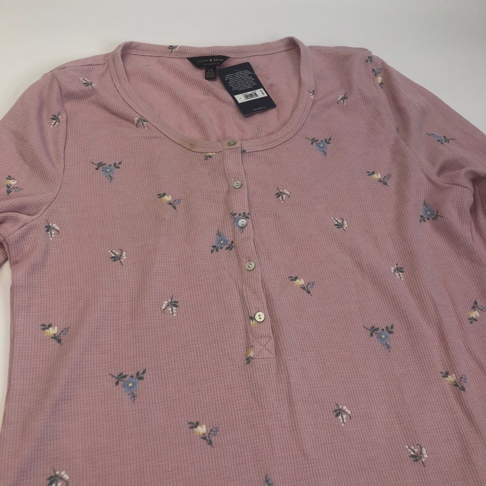 Lucky Brand Floral Waffle Knit Henley Top Long Sleeve Casual Pink L - Picture 7 of 10